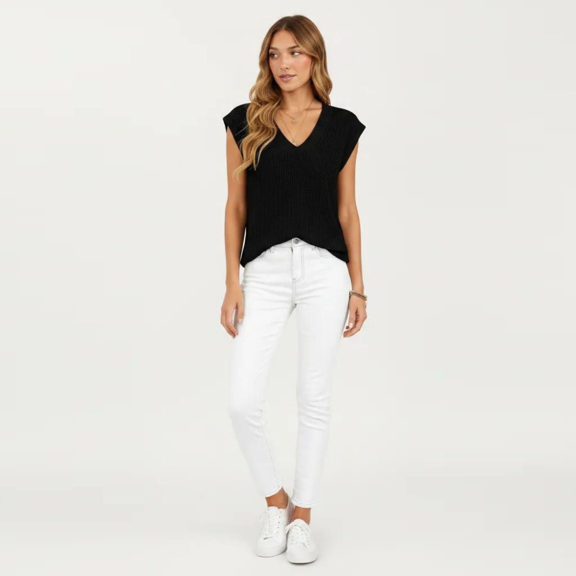 Anna-Kaci Women's Sleeveless Knit Sweater Vest with V Neck Ribbed Trim Relaxed Fit Textured Pullover Top