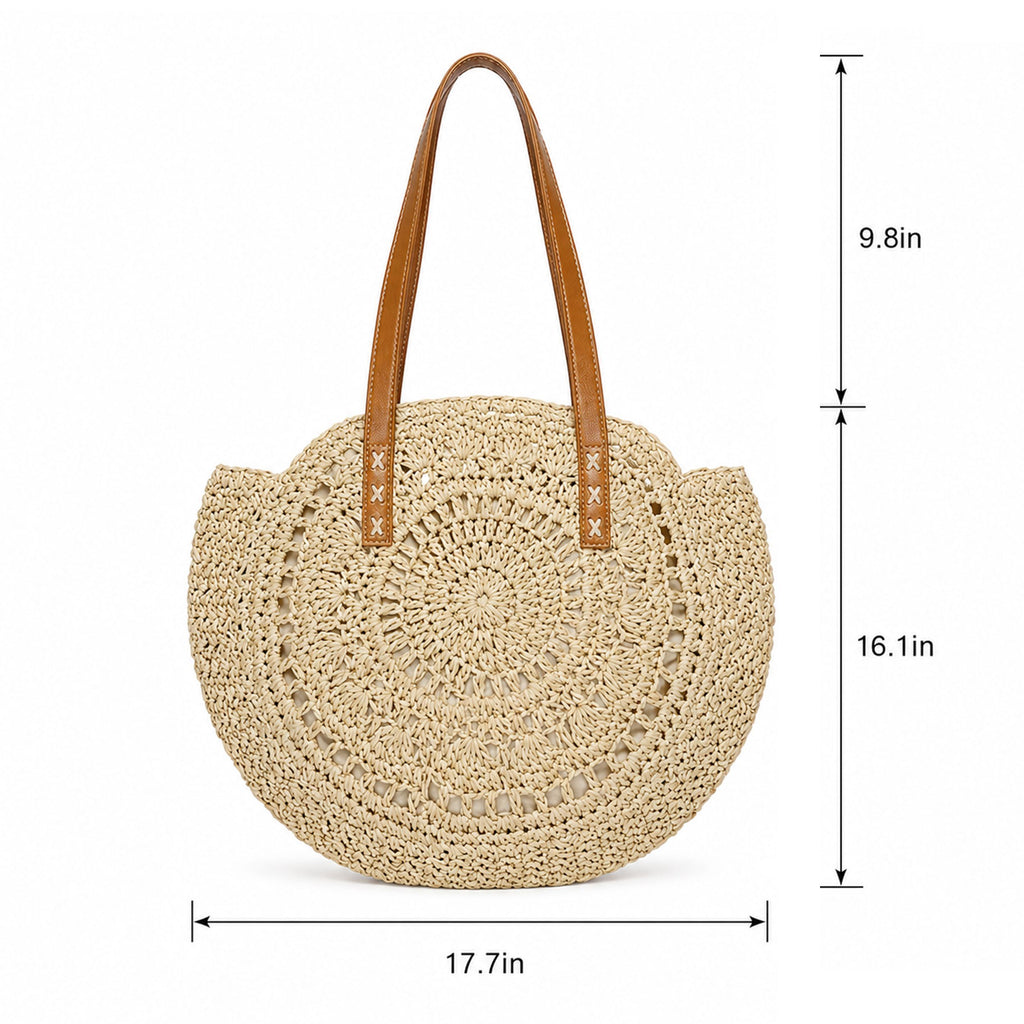 Round Woven Straw Tote Bag with Zip Closure Shoulder Handles and Slip Pocket