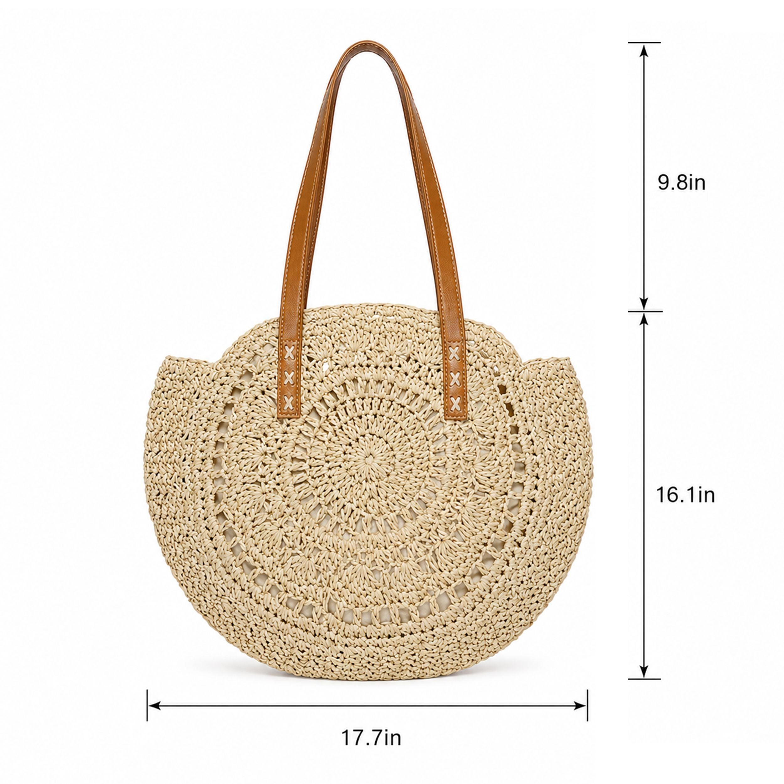 Round Woven Straw Tote Bag with Zip Closure Shoulder Handles and Slip Pocket