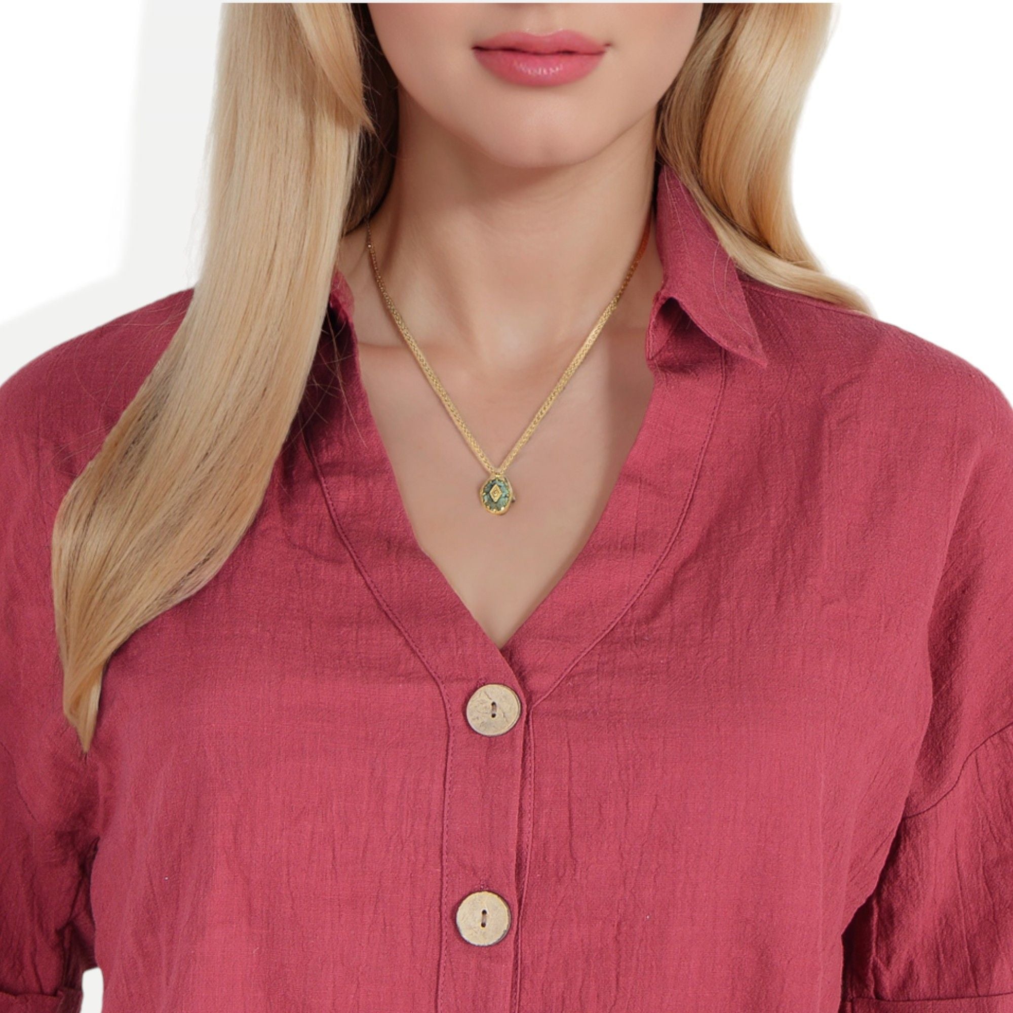 Women's Stainless Steel Fashion Necklace with 18K Gold Plated Pendant, Natural Green Stone Inlay, Adjustable Chain, Unique Design