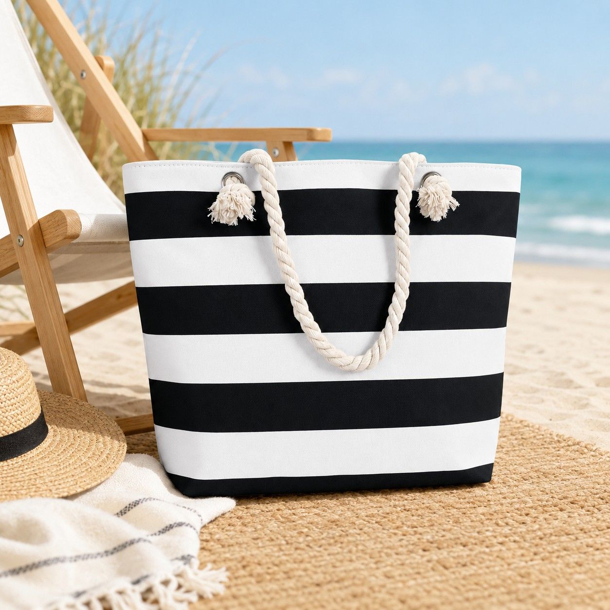Striped Canvas Beach Tote Bag with Zip Closure and Rope Shoulder Handles