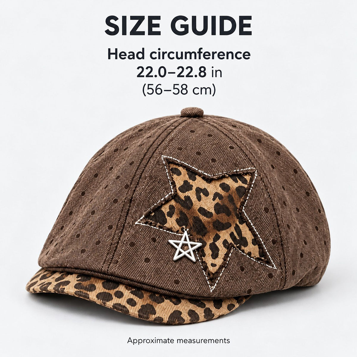 Polka Dot Newsboy Cap with Leopard Print Star and Charm