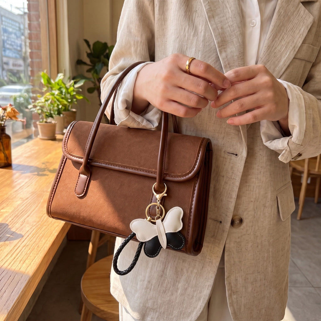 2-Piece Womens Faux Leather Bag Charm Keychain with Braided Wrist Strap and Gold Tone Ring