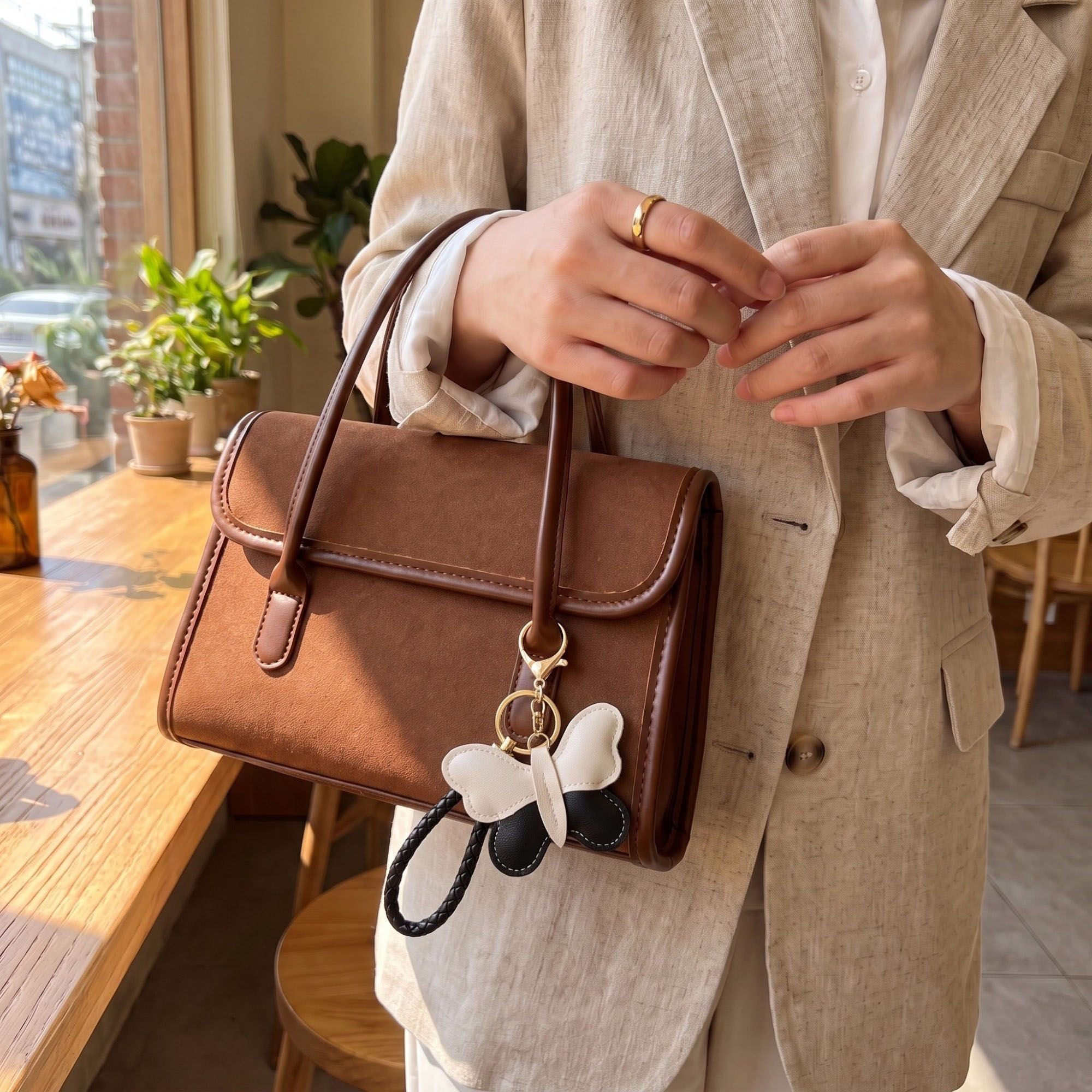 2-Piece Womens Faux Leather Bag Charm Keychain with Braided Wrist Strap and Gold Tone Ring