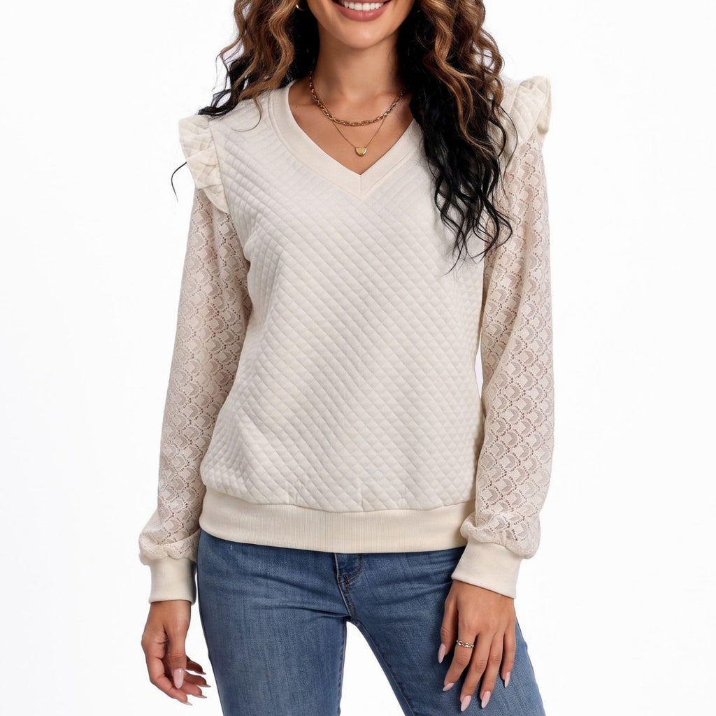 Lace Sleeve V Neck Quilted Ruffle Shoulder Top