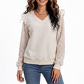 Lace Sleeve V Neck Quilted Ruffle Shoulder Top