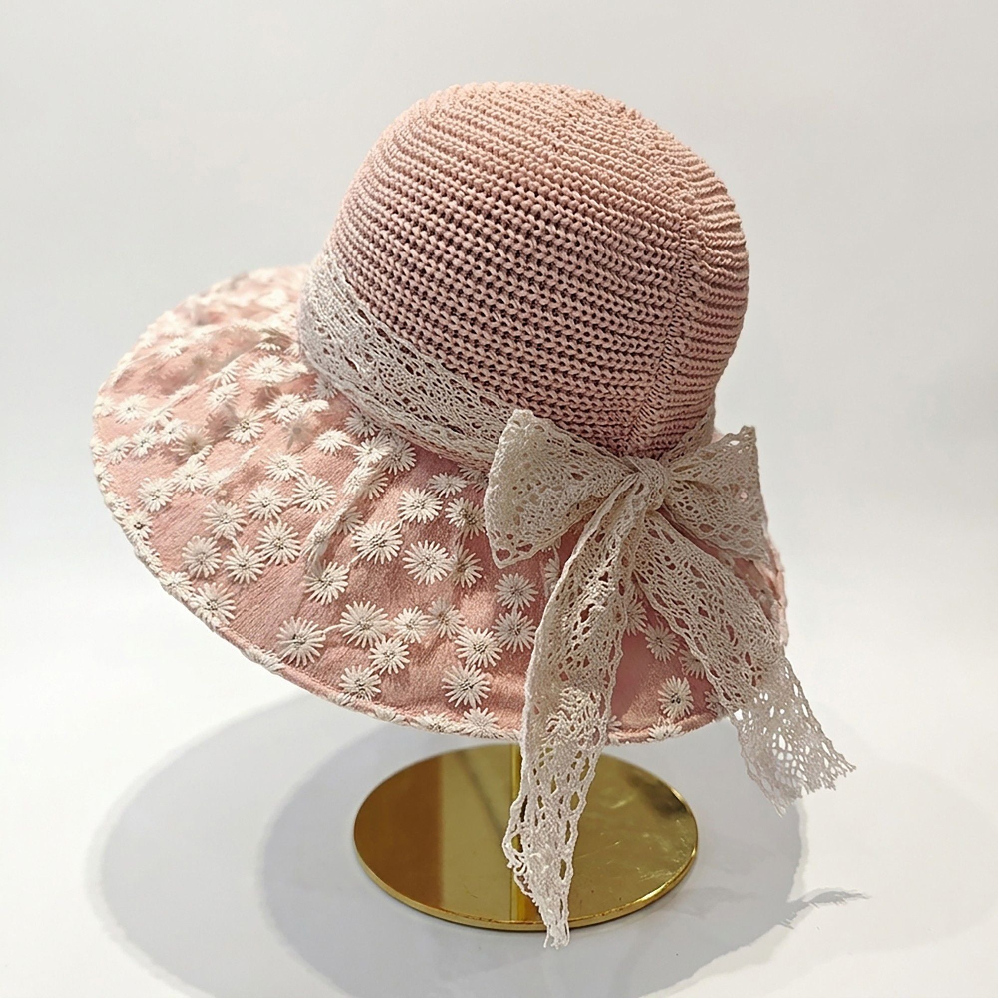 Crochet Sun Hat with Lace Bow Accent and Embroidered Sheer Wide Brim