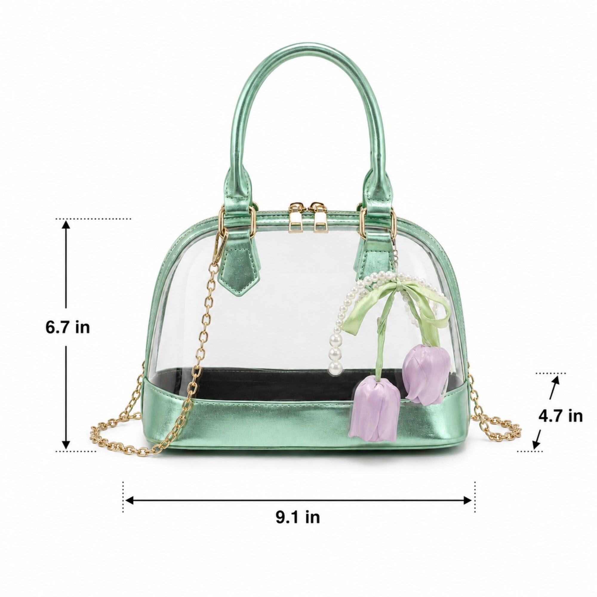 Clear PVC Mini Satchel Bag with Chain Strap and Floral Pearl Charm