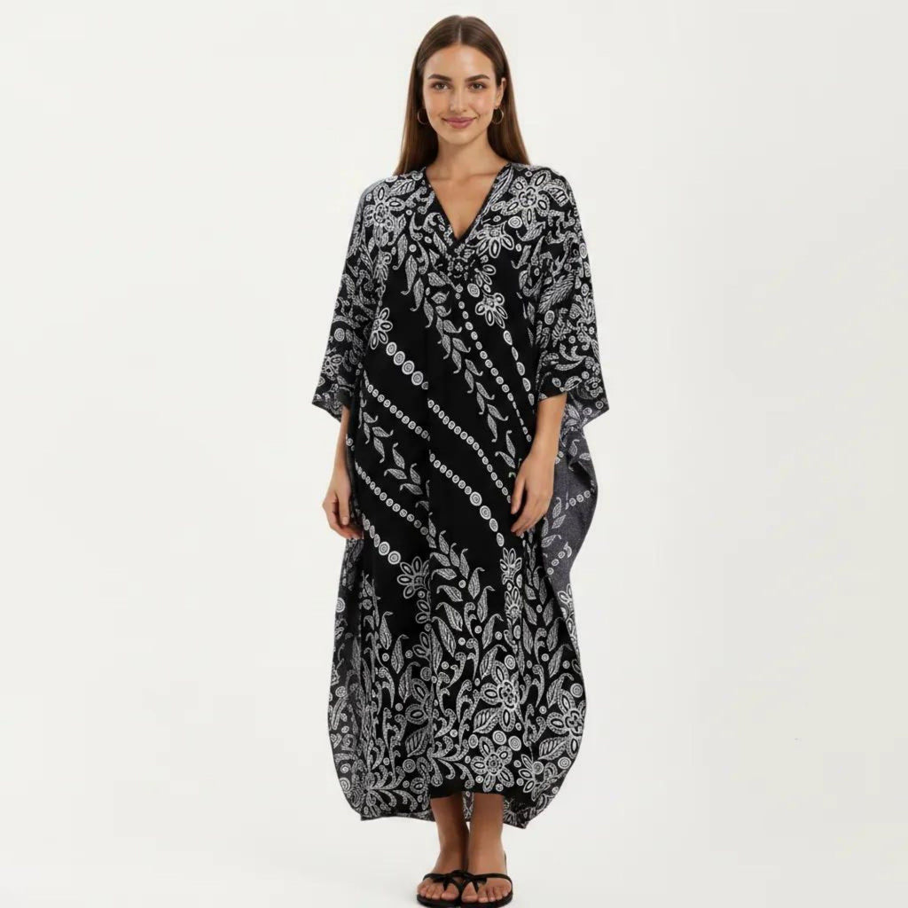 Anna-Kaci Women's Floral Print Kaftan Maxi Dress with V-Neck Button Front and Flowy Batwing Sleeves