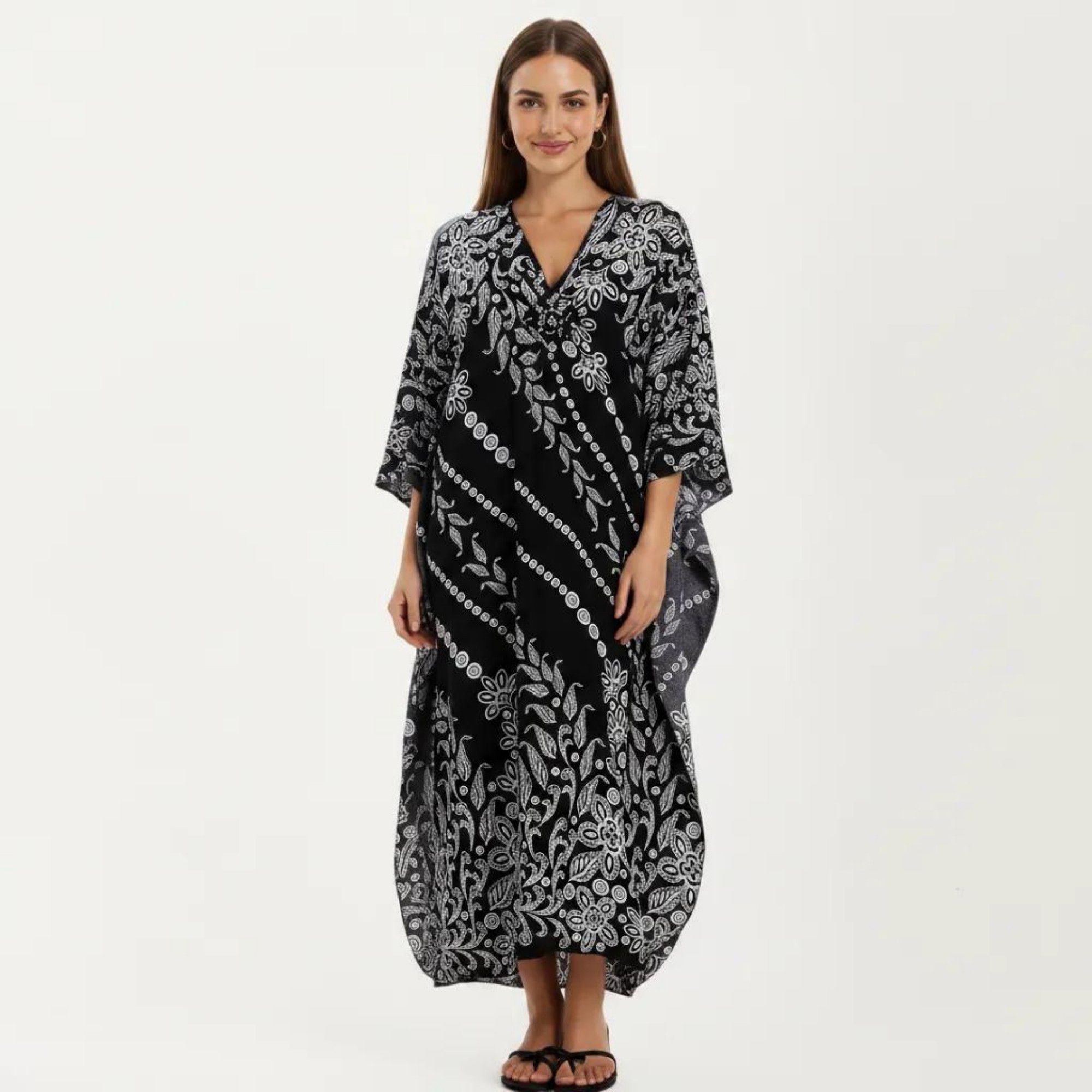 Anna-Kaci Women's Floral Print Kaftan Maxi Dress with V-Neck Button Front and Flowy Batwing Sleeves