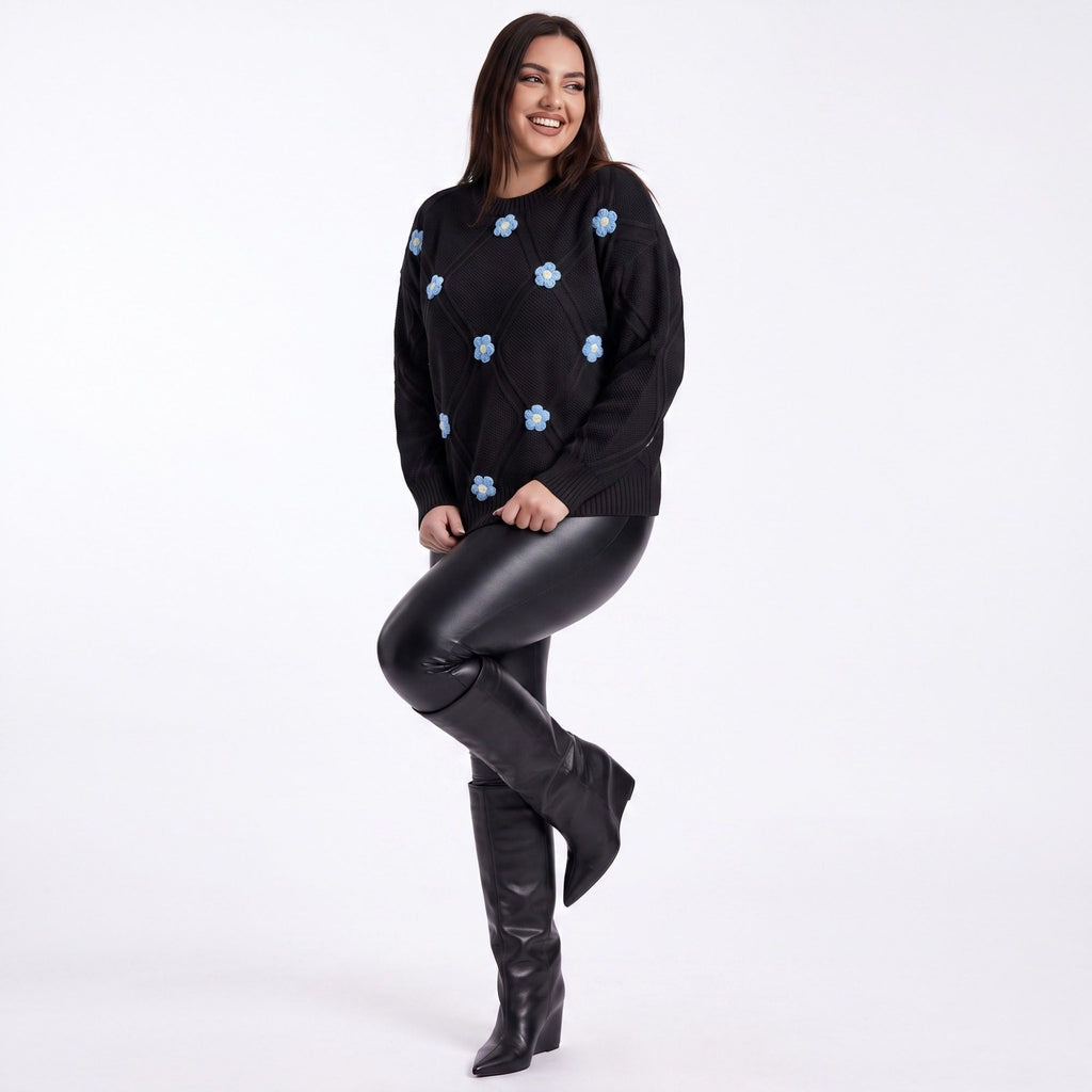 Plus Size Floral Applique Textured Crewneck Sweater