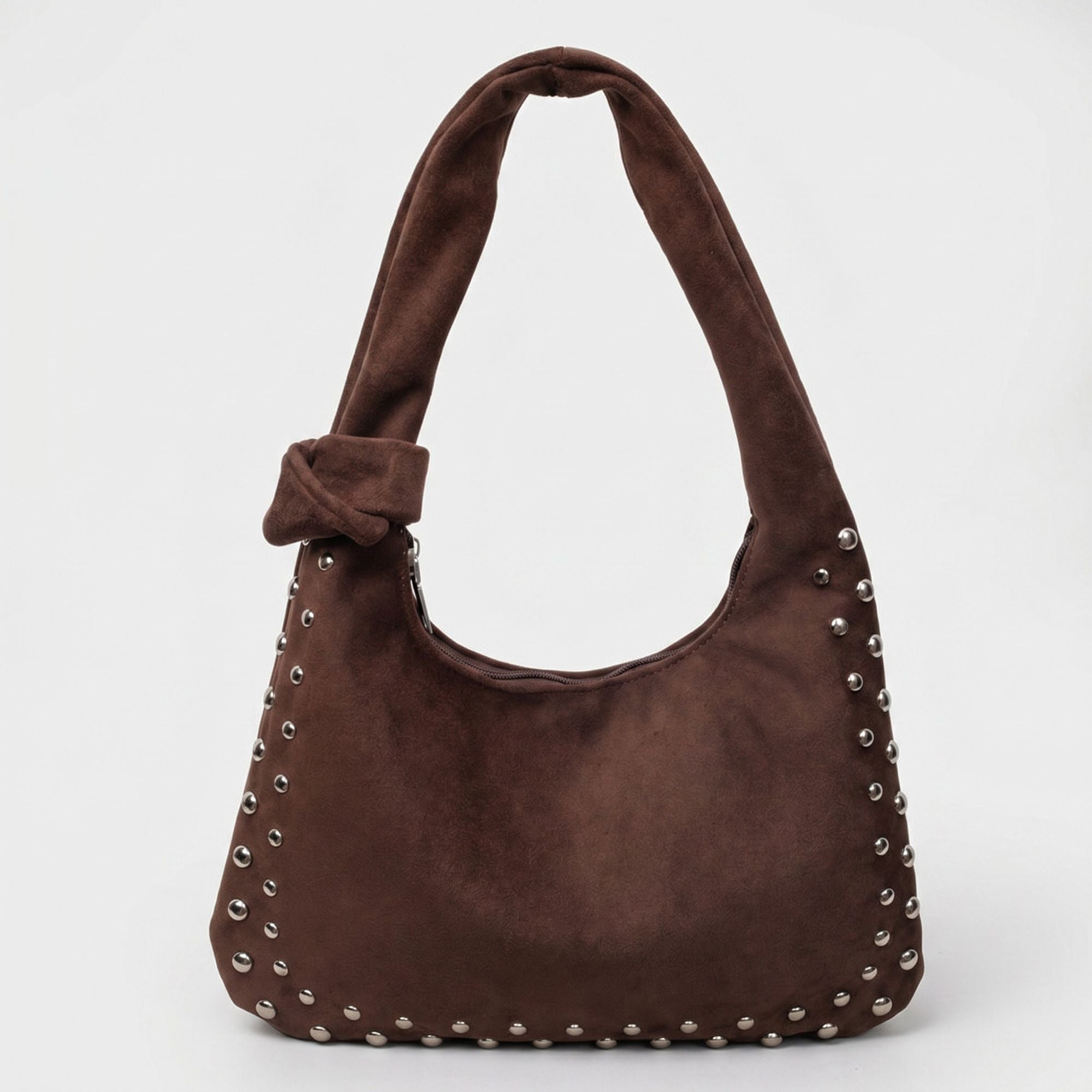 Studded Hobo Shoulder Bag with Padded Strap Knotted Detail Top Zip Closure