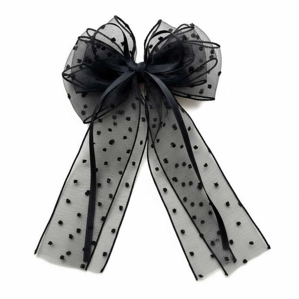 Sheer Polka Dot Bow Hair Clip with Layered Tulle Design and Long Ribbon Tails
