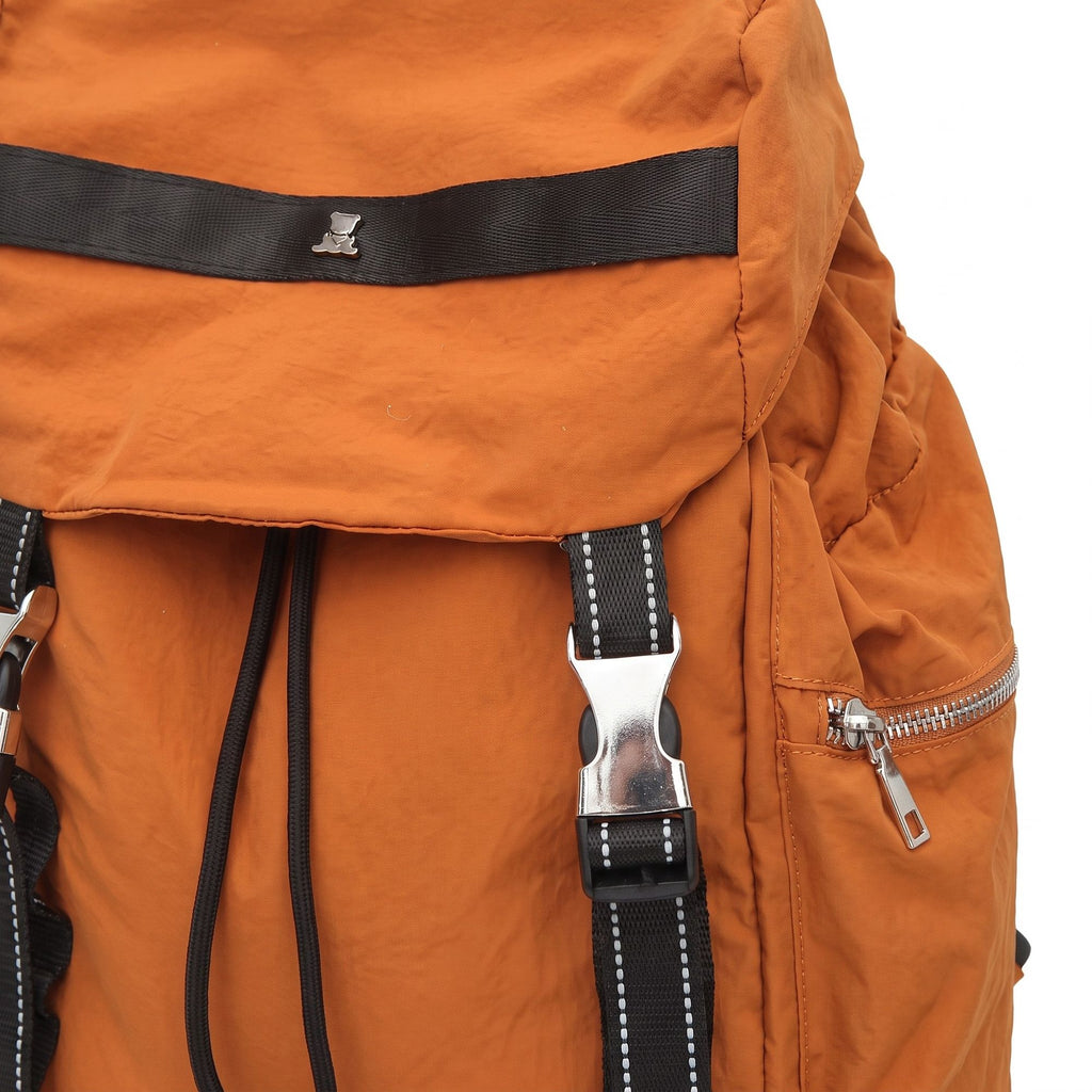 Flap Drawstring Backpack with Dual Buckle Straps and Zippered Side Pockets