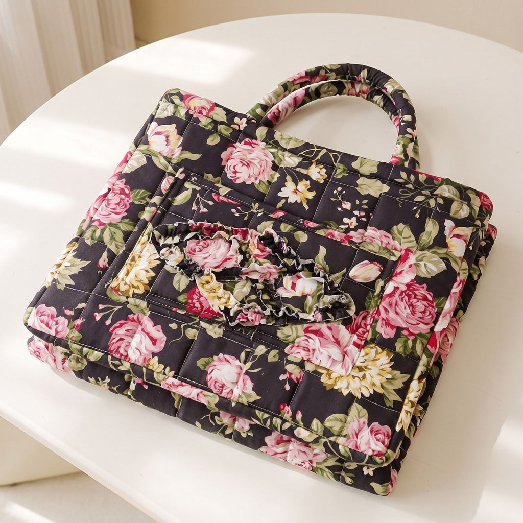 Quilted Floral Storage Basket with Handles and Front Pocket