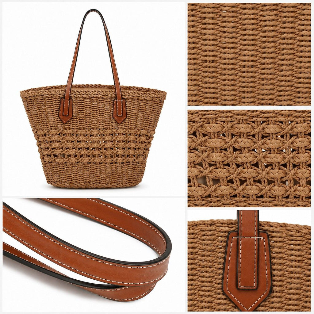 Woven Straw Tote Bag with Zip Closure Small Interior Pocket and Leather Handles