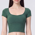 Short Sleeve Cropped Yoga Top with Built In Padding Scoop Neck Contoured Seam Activewear T Shirt