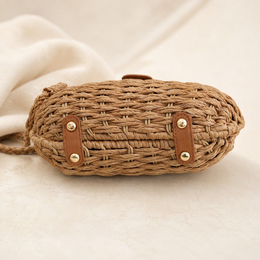 Round Woven Top Handle Crossbody Bag with Button Closure and Chain Strap