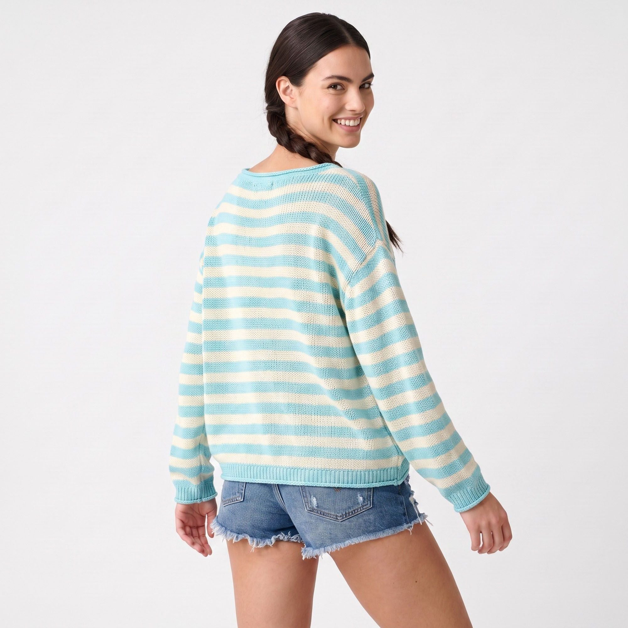Striped Boat Neck Drop Shoulder Long Sleeve Knit Sweater