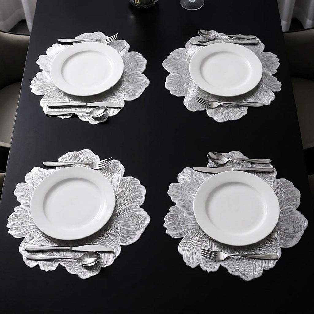 4-Pack Floral Round PVC Placemats Metallic Textured Heat Resistant Table Mats