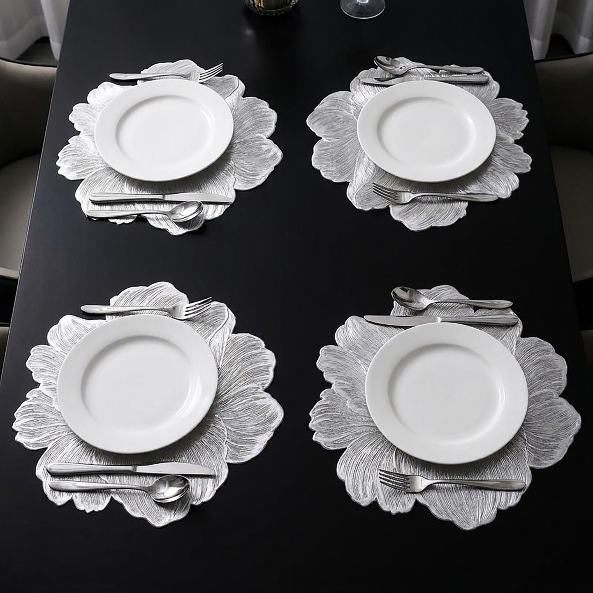 4-Pack Floral Round PVC Placemats Metallic Textured Heat Resistant Table Mats