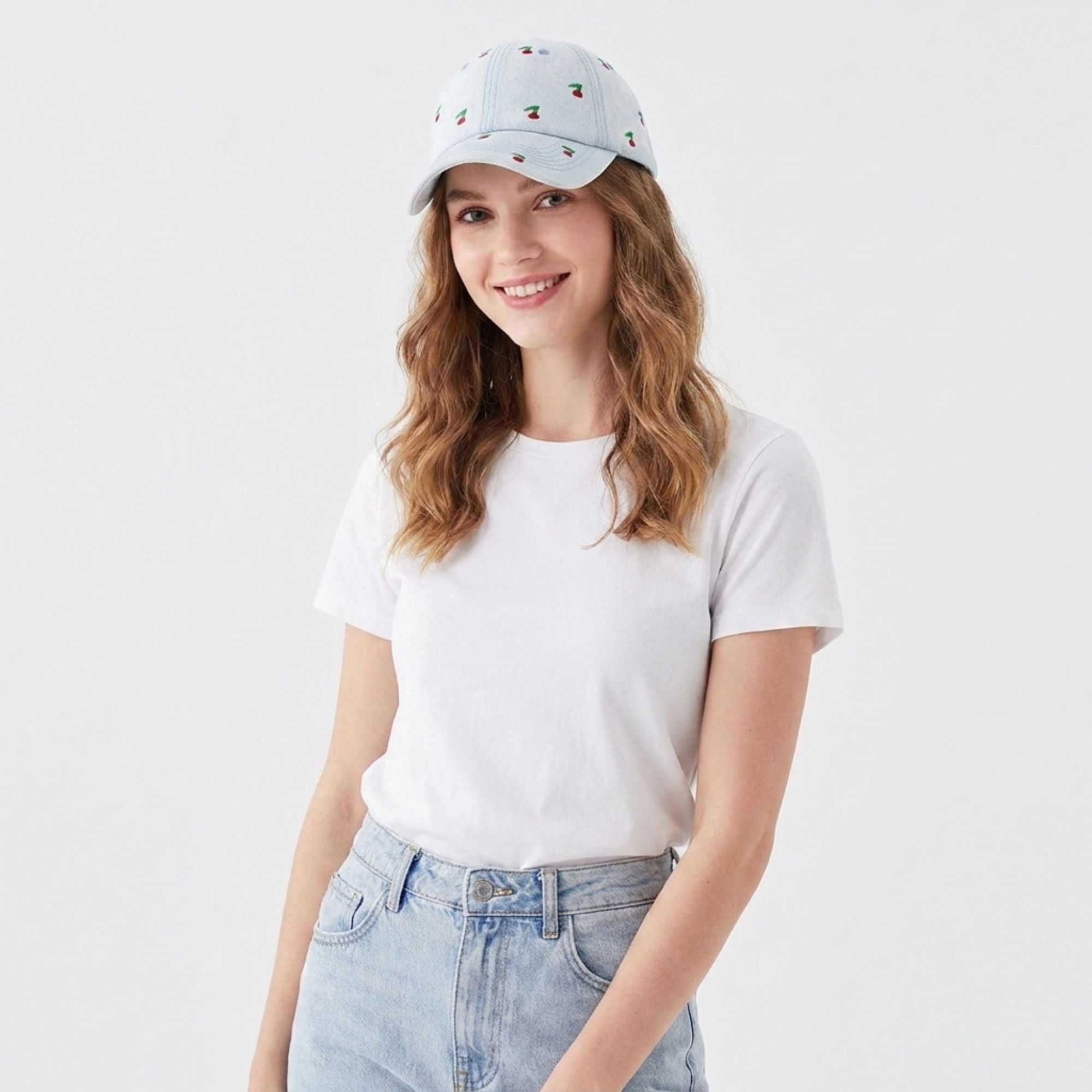 Denim Baseball Cap Cherry Embroidered Adjustable Dad Hat
