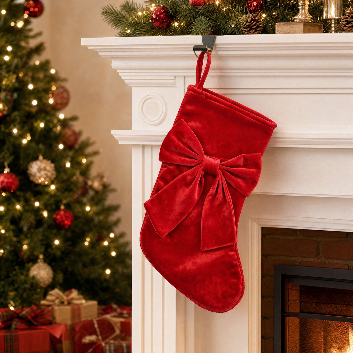 Velvet Bow Christmas Stocking Hanging Fireplace Mantel Holiday Decor