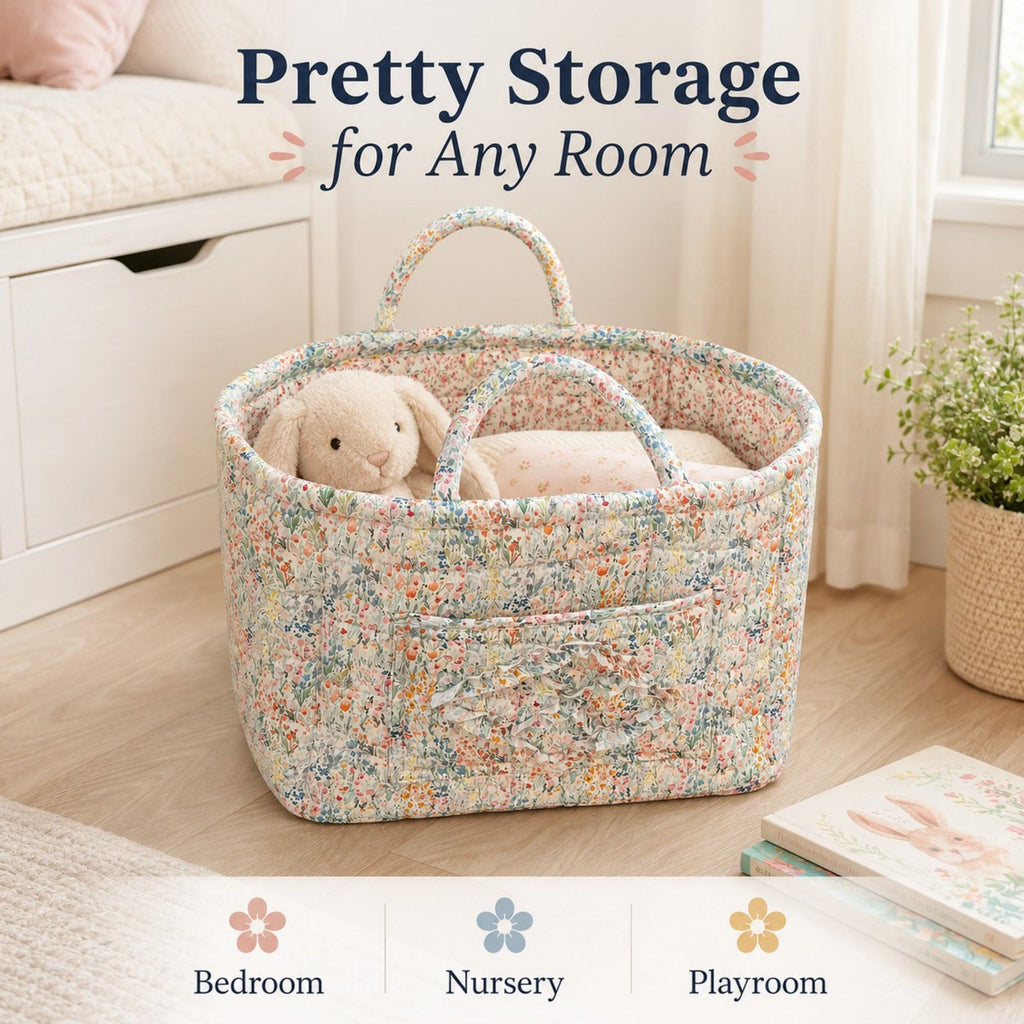 Quilted Floral Storage Caddy with Handles for Dorm Bathroom Vanity and Laundry Room