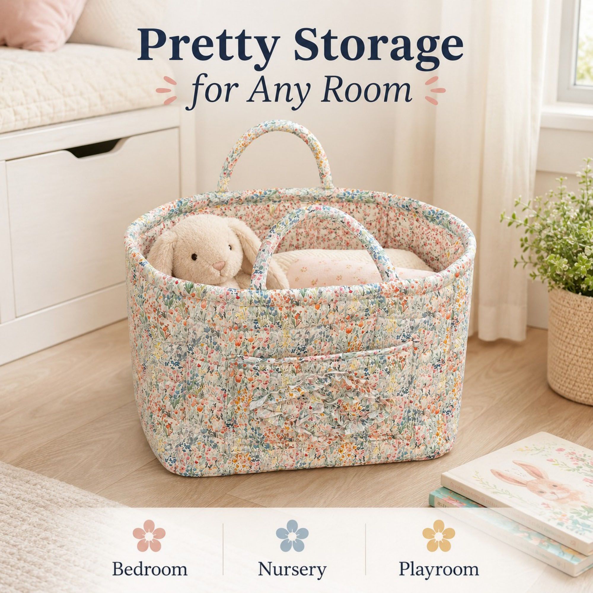 Quilted Floral Storage Caddy with Handles for Dorm Bathroom Vanity and Laundry Room
