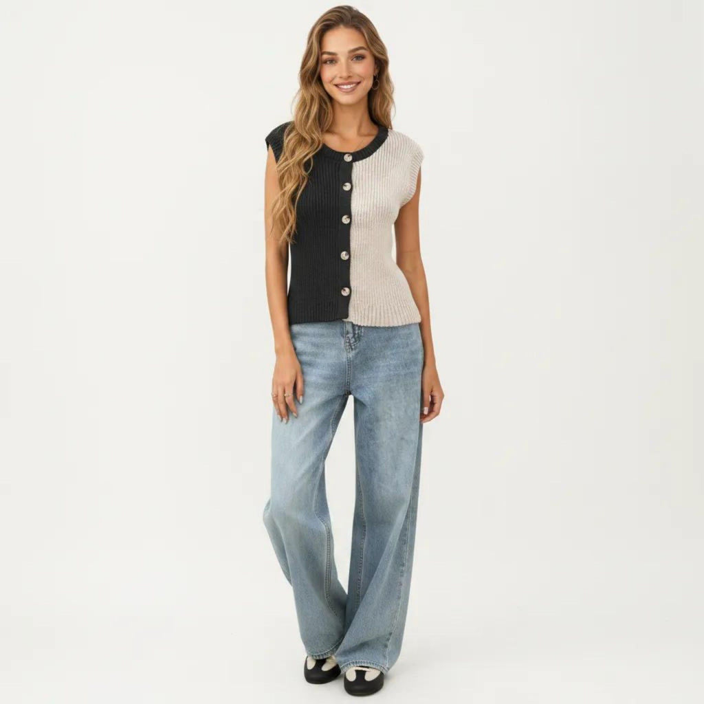 Anna-Kaci Women's Sleeveless Colorblock Knit Vest with Button Front and Ribbed Trim
