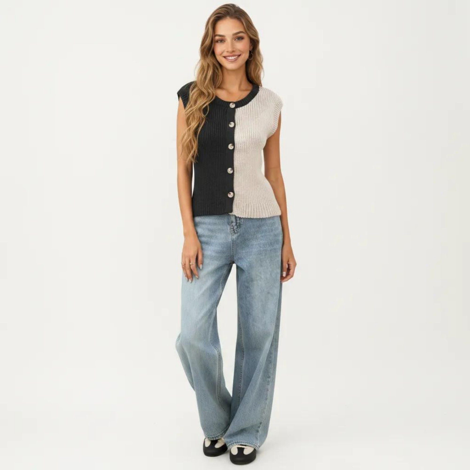 Anna-Kaci Women's Sleeveless Colorblock Knit Vest with Button Front and Ribbed Trim