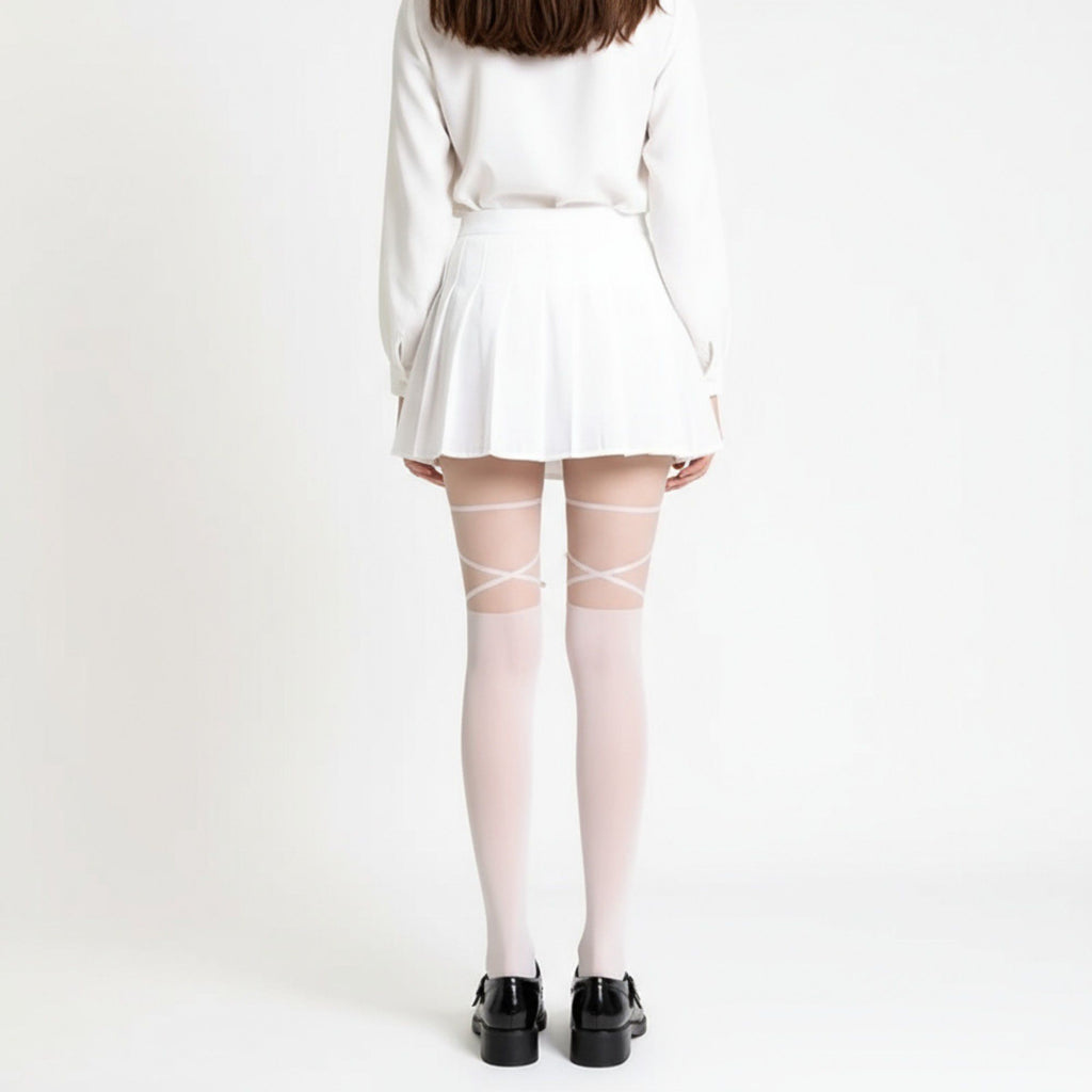 Anna-Kaci Women's Sheer Tights with Crisscross Lace-Up Detail and Opaque Lower Leg Design