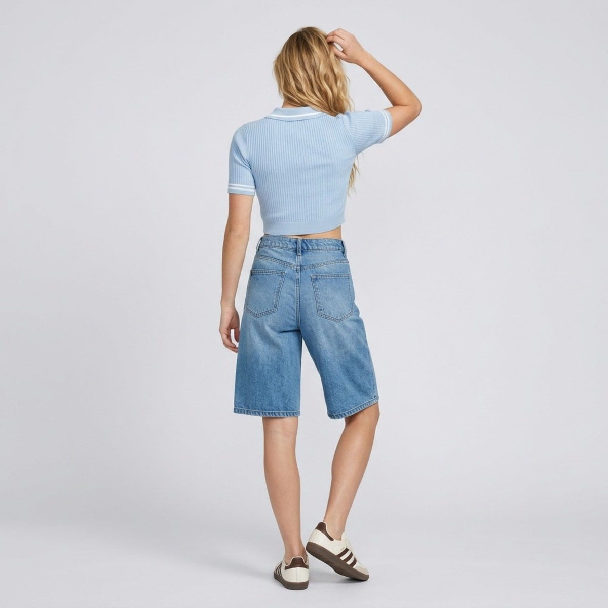 High-Waisted Denim Bermuda Shorts