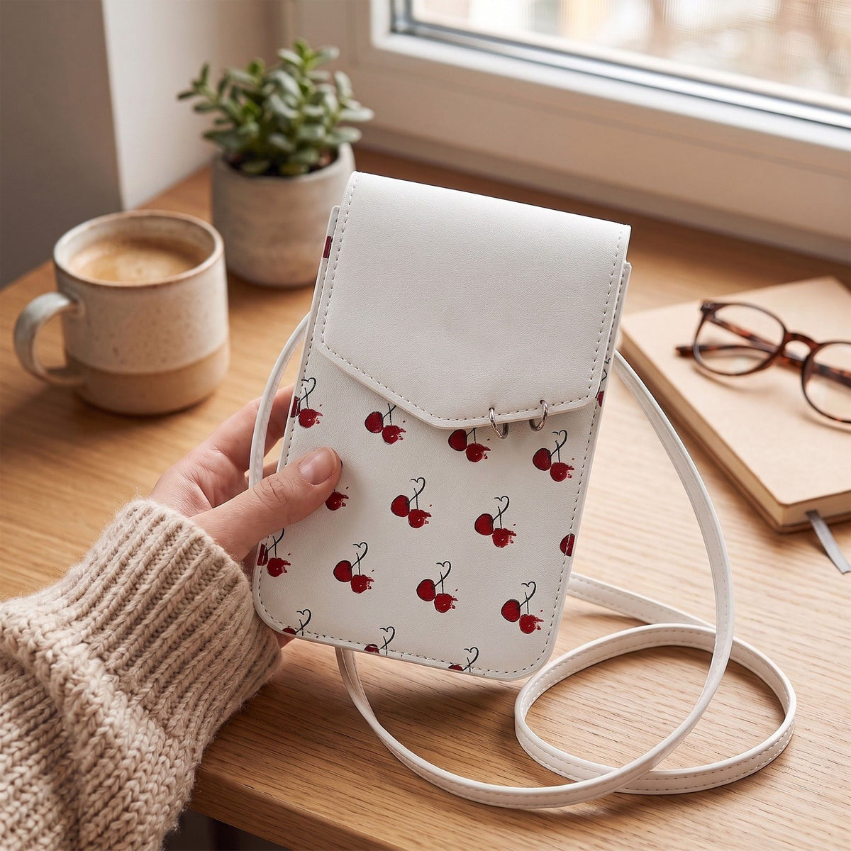 Cherry Print Flap Phone Crossbody Bag
