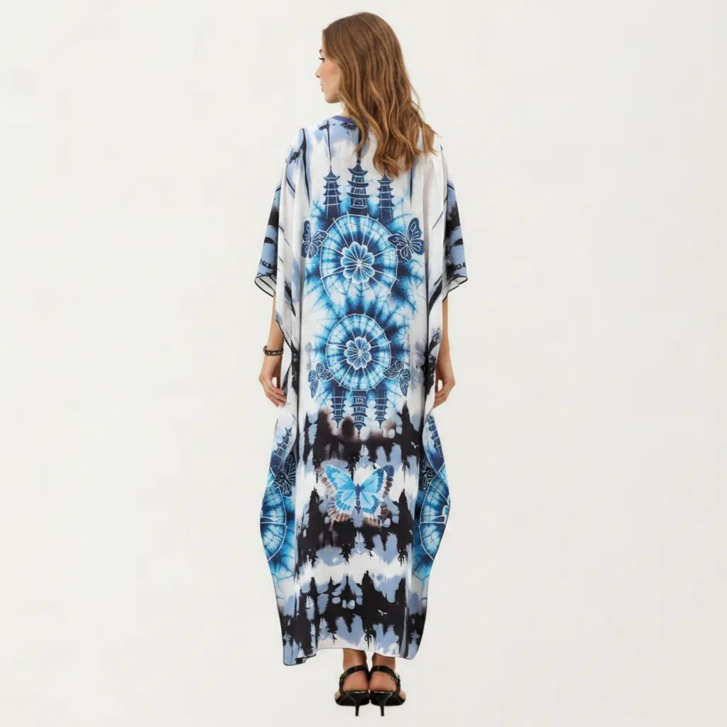 Anna-Kaci Women's Tie Dye Medallion Kaftan Maxi Dress with V-Neckline and Relaxed Flowy Silhouette