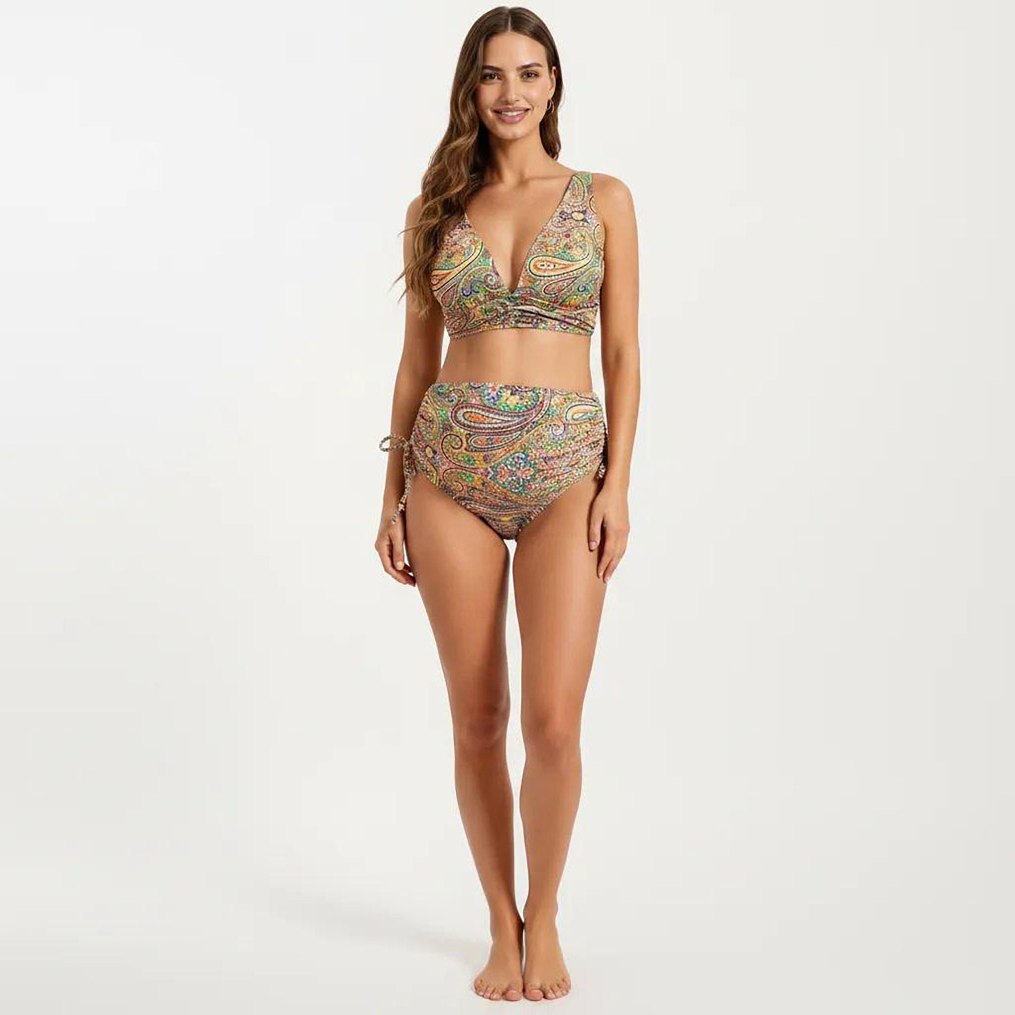 Anna-Kaci Swim Women's Paisley Print Maternity Bikini Set with Adjustable Side Ties and V-Neck Design