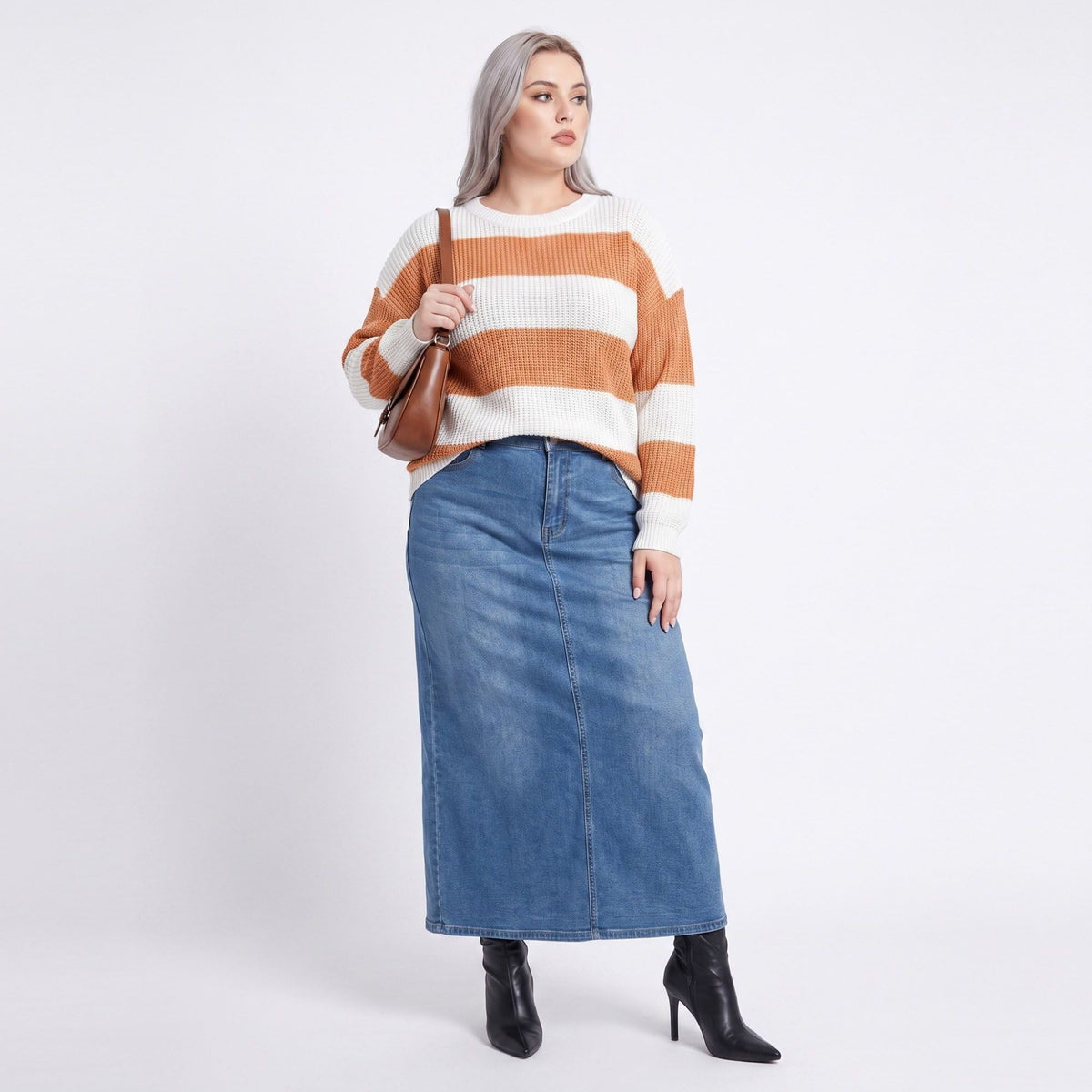Plus Size Striped Crewneck Relaxed Fit Sweater