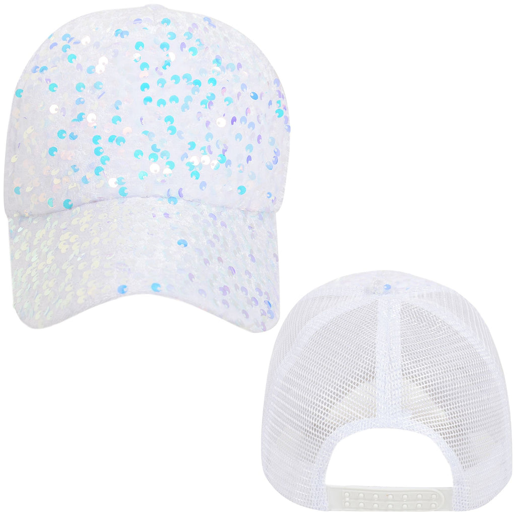 Anna-Kaci Women's Sparkly Sequin Baseball Cap Messy Low Bun Ponycap Velvet Mesh Trucker Hat