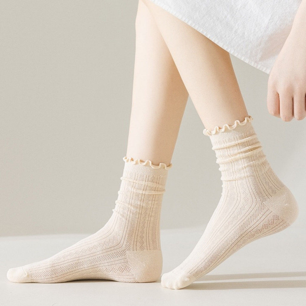 Anna-Kaci Women's Ribbed Crew Socks with Ruffle Lettuce Trim Soft Stretch Knit Comfortable Everyday 5-Pack
