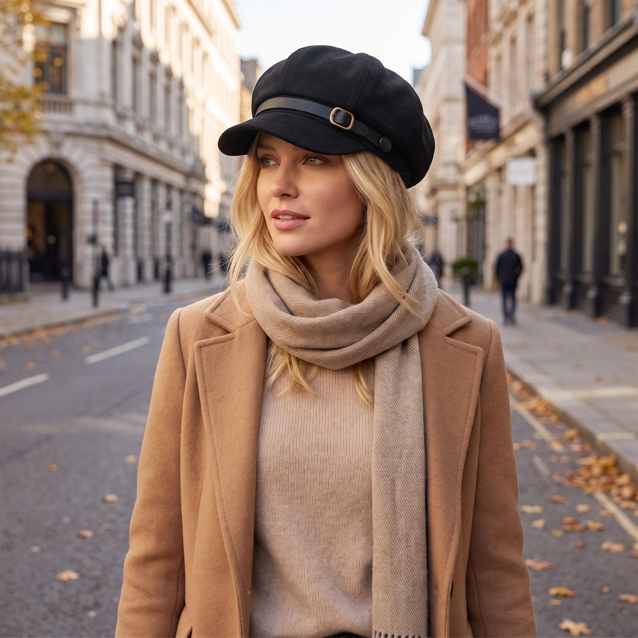 Faux Suede Baker Boy Cap with Buckle Band Vintage Newsboy Style Hat