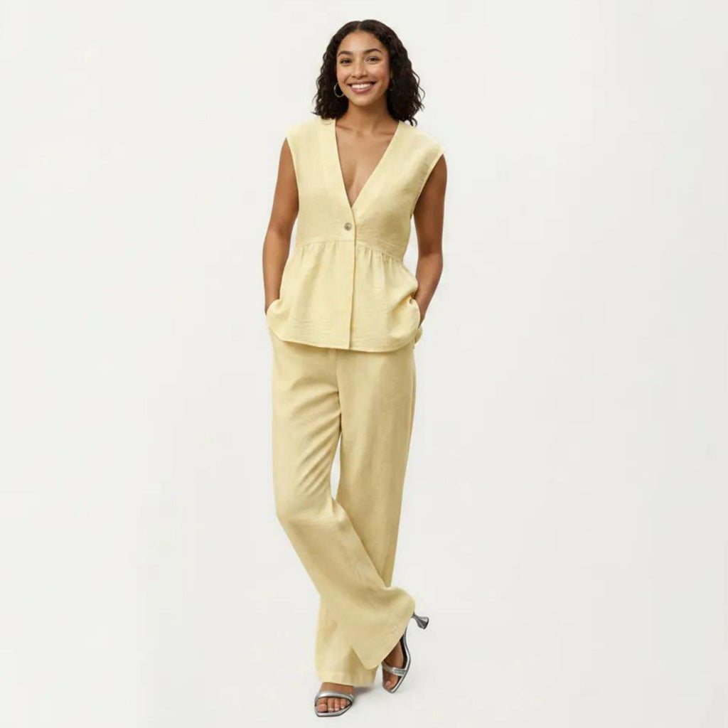 Anna-Kaci Women's 2-Piece Sleeveless V-Neck Peplum Top and Wide Leg Pant Set