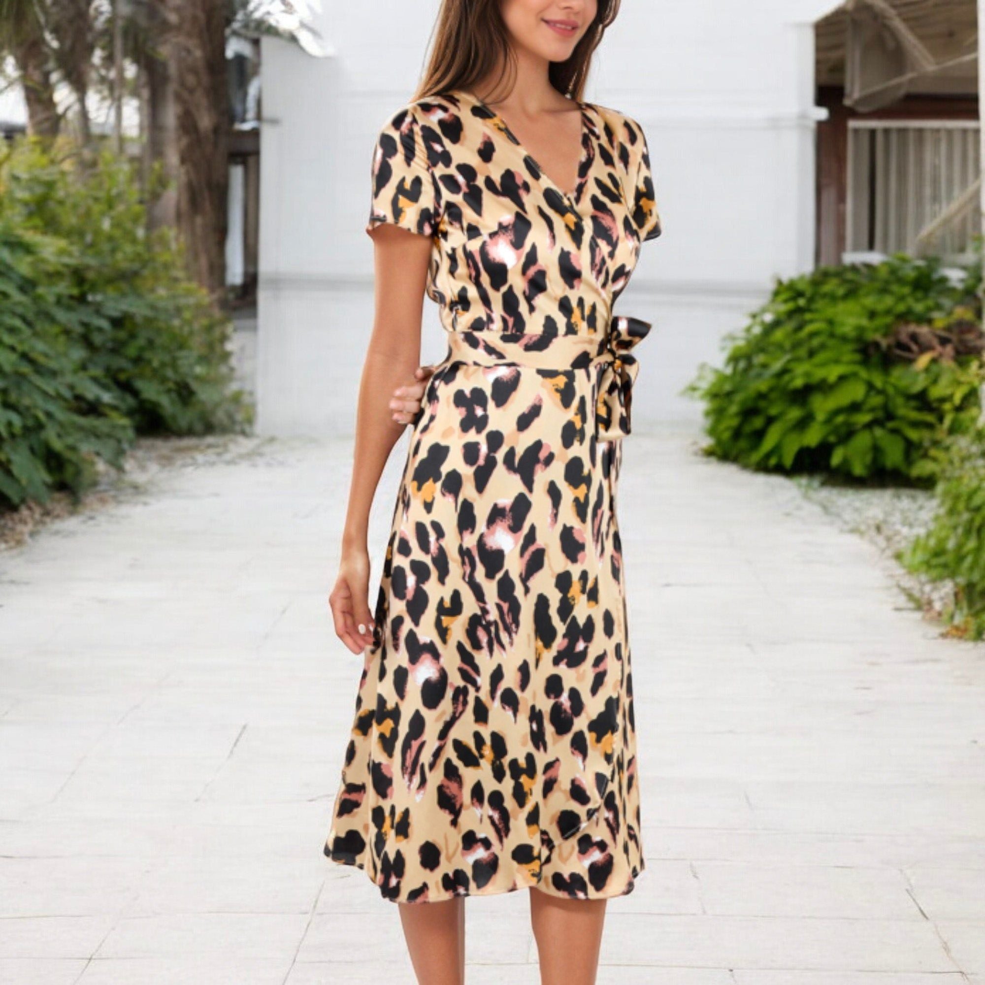 Anna-Kaci Women's V-Neck Short Sleeve Wrap Dress with Leopard Print and Waist Tie
