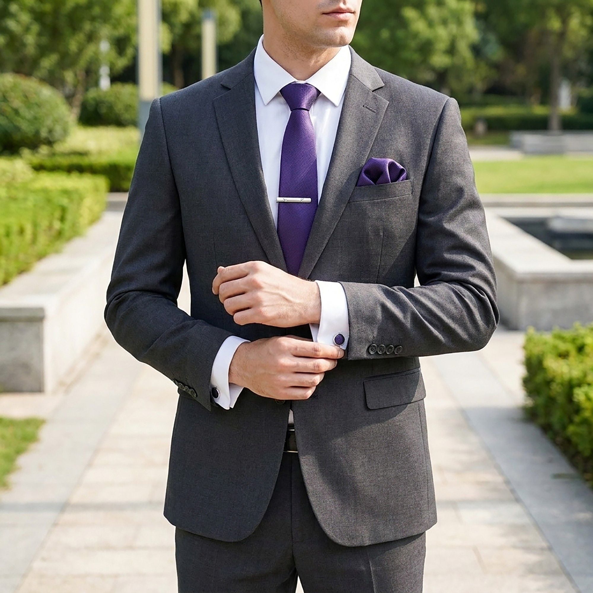 Men's Textured Solid Color Tie Gift Set with Matching Pocket Square Cufflinks and Silver Tie Clip