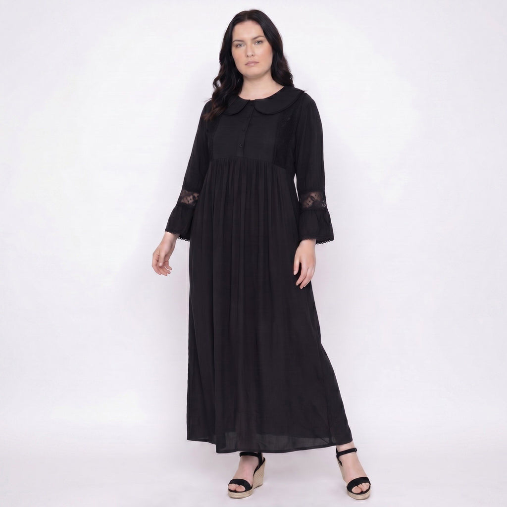 Long Sleeve Button Front Maxi Nightgown Peter Pan Collar Lace Trim Sleep Dress