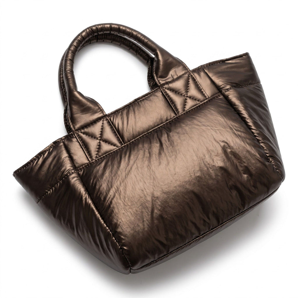 Padded Puffer Tote Bag with Rounded Top Handles and Exterior Front Pocket 13x6.5x4in