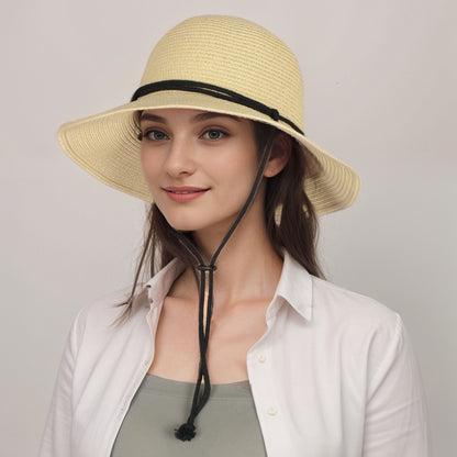 Anna-Kaci Wide Brim Straw Sun Hat with Chin Strap and Black Cord Detail for Outdoor Protection and Stylish Shade
