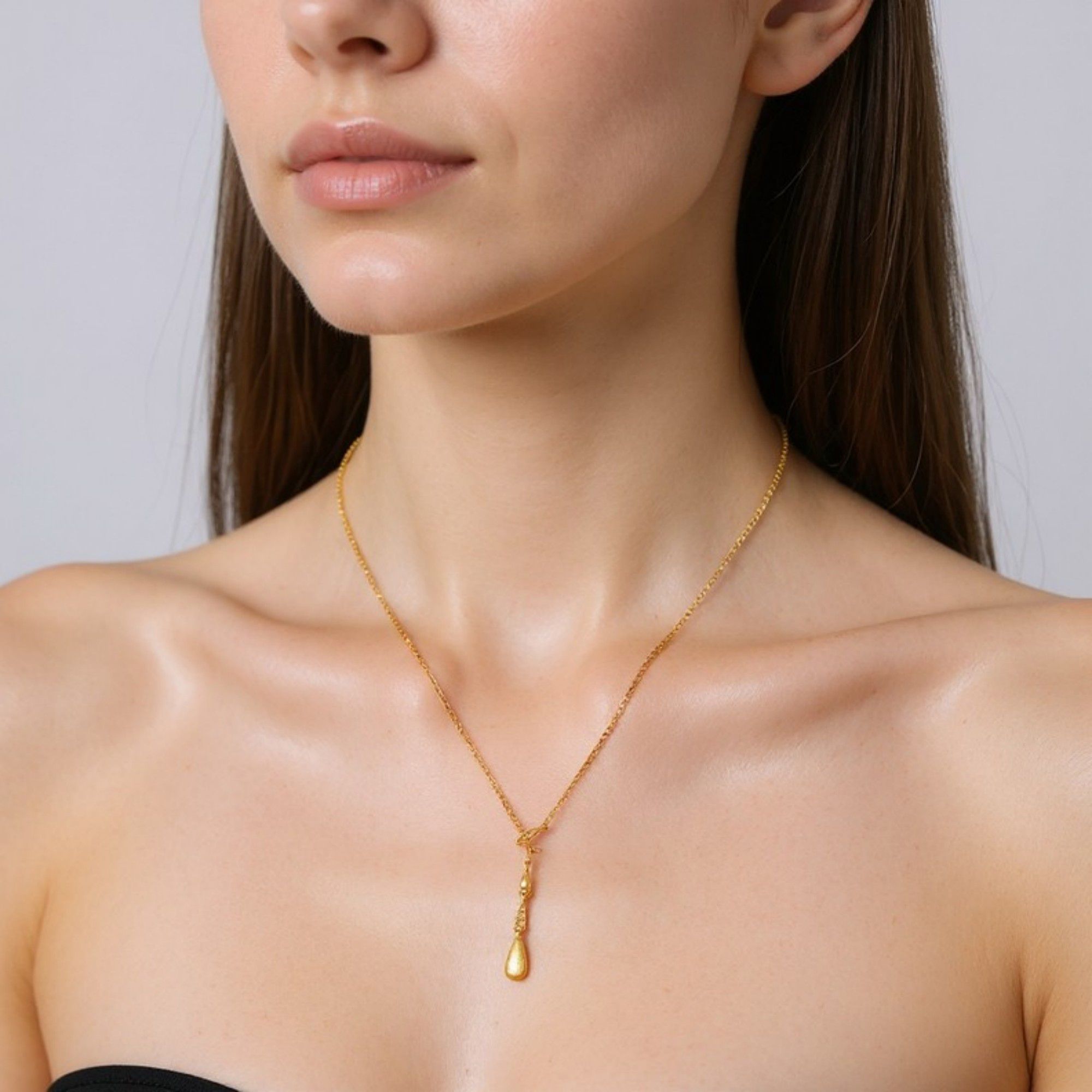 Women's Teardrop Pendant Necklace with Textured Drop Charm and Delicate Chain