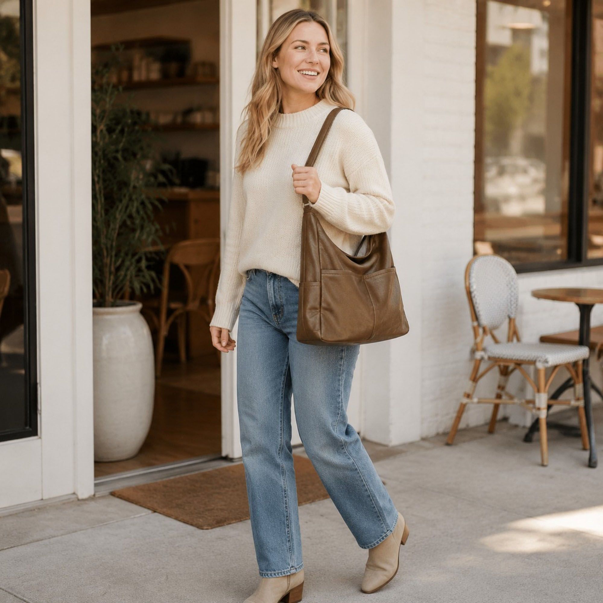 Soft Faux Leather Hobo Shoulder Bag with Front Pockets