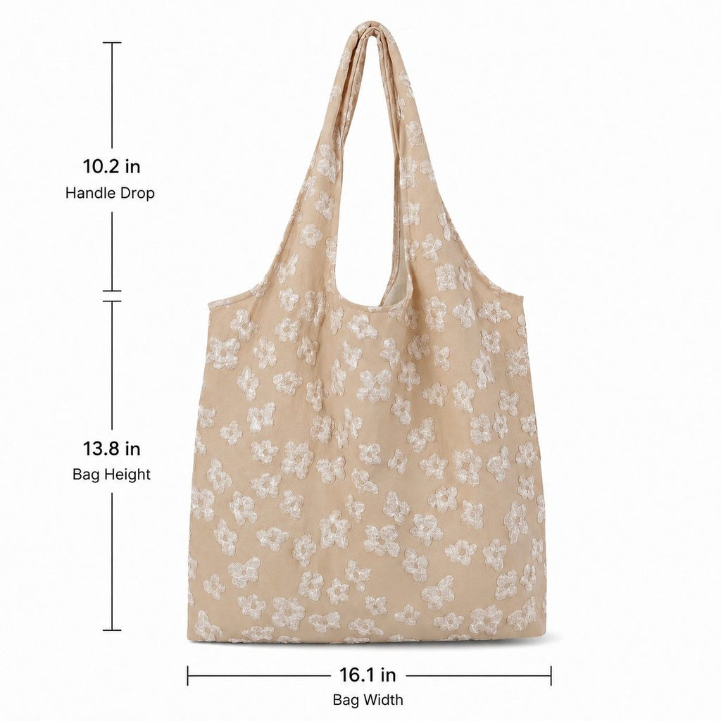 Floral Embroidered Shoulder Tote Bag Lightweight Foldable Everyday Bag for Women
