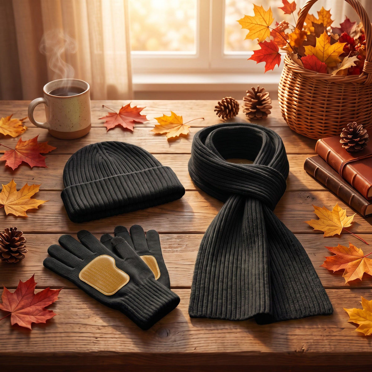 3 Piece Ribbed Knit Beanie Scarf and Touchscreen Gloves Set